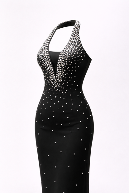 Siyah Halter Yaka İnci Detay Abiye Elbise